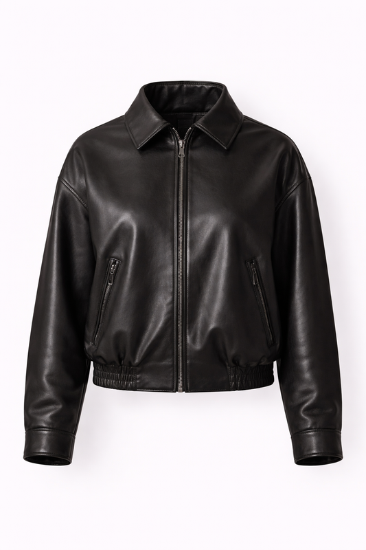 Black leather jacket on white backdrop